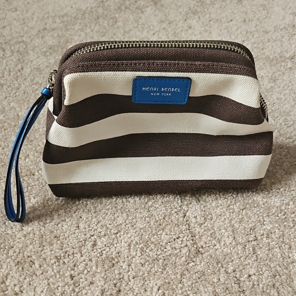 Henri Bendel Classic Stripe Turquoise Makeup Tote Bag EUC
